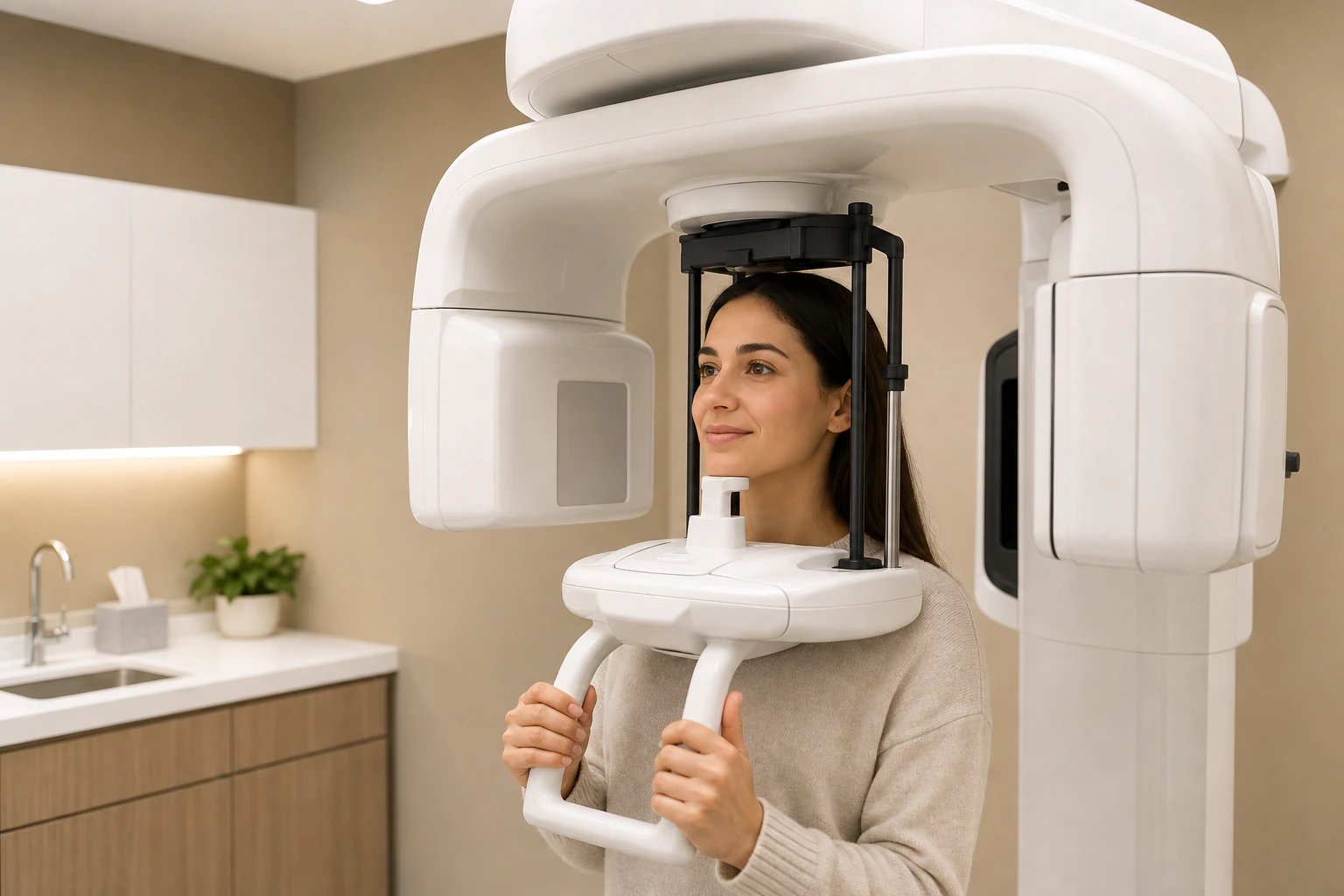 Patient in cone beam 3D dental imaging scanner