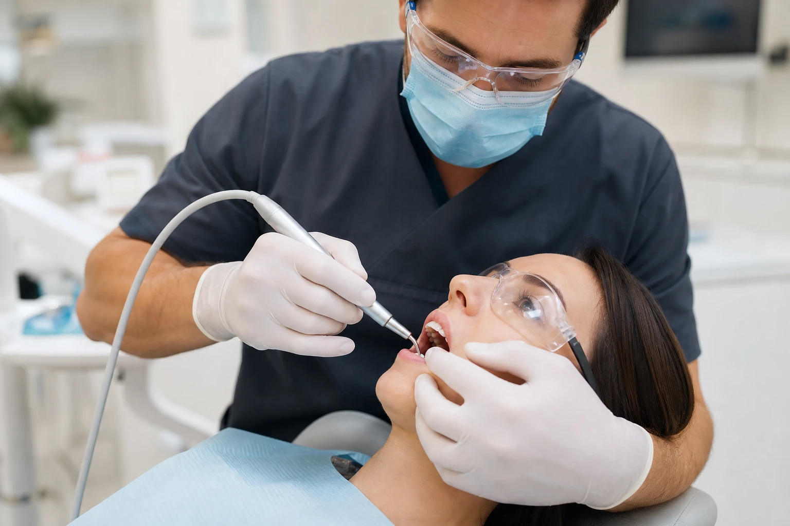 Dentist using air abrasion handpiece for cavity preparation