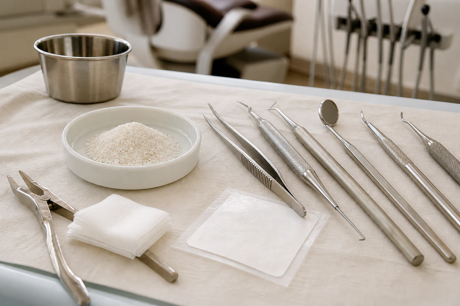 Dental bone graft surgical instruments on sterile tray
