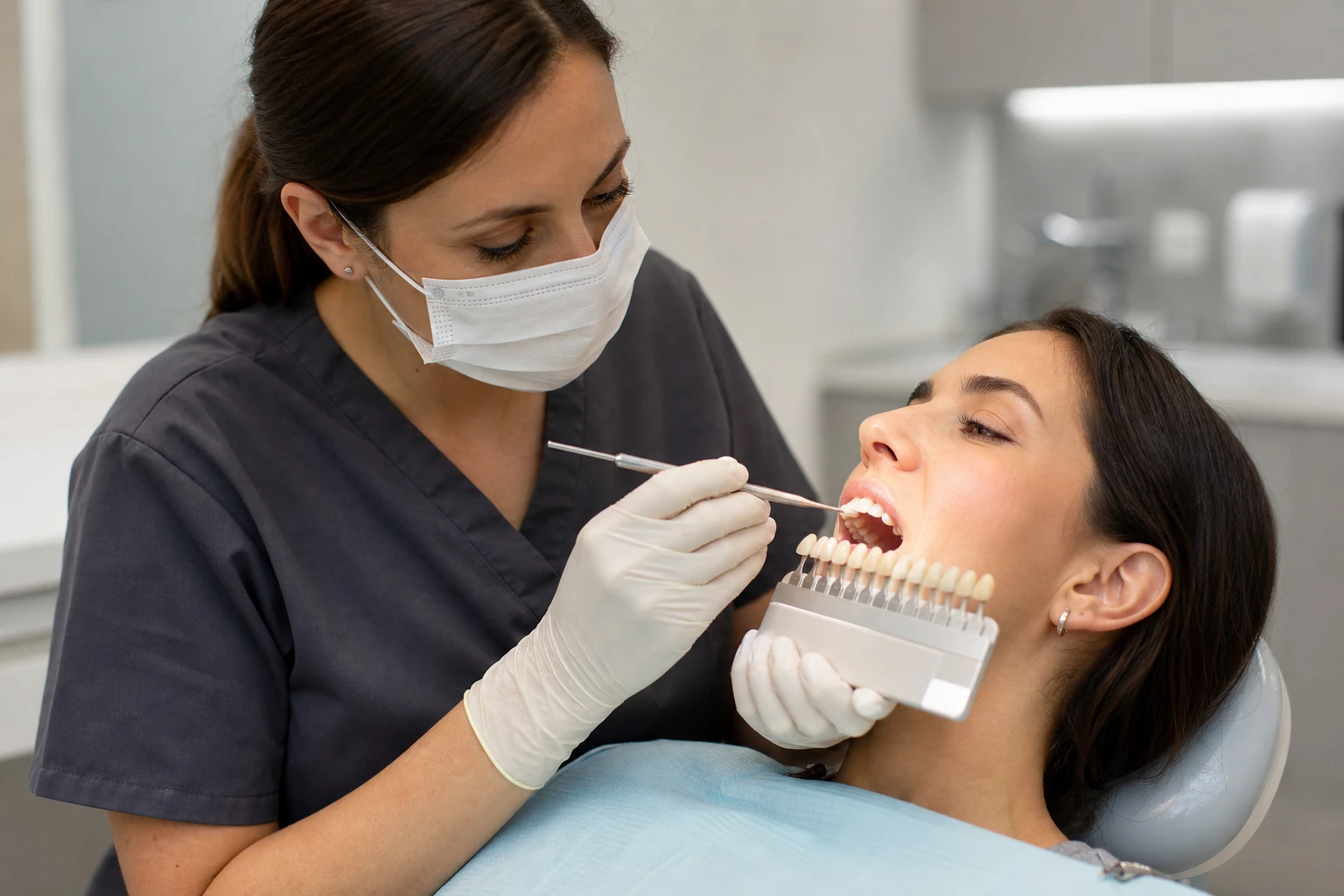Dentist placing tooth-colored composite filling