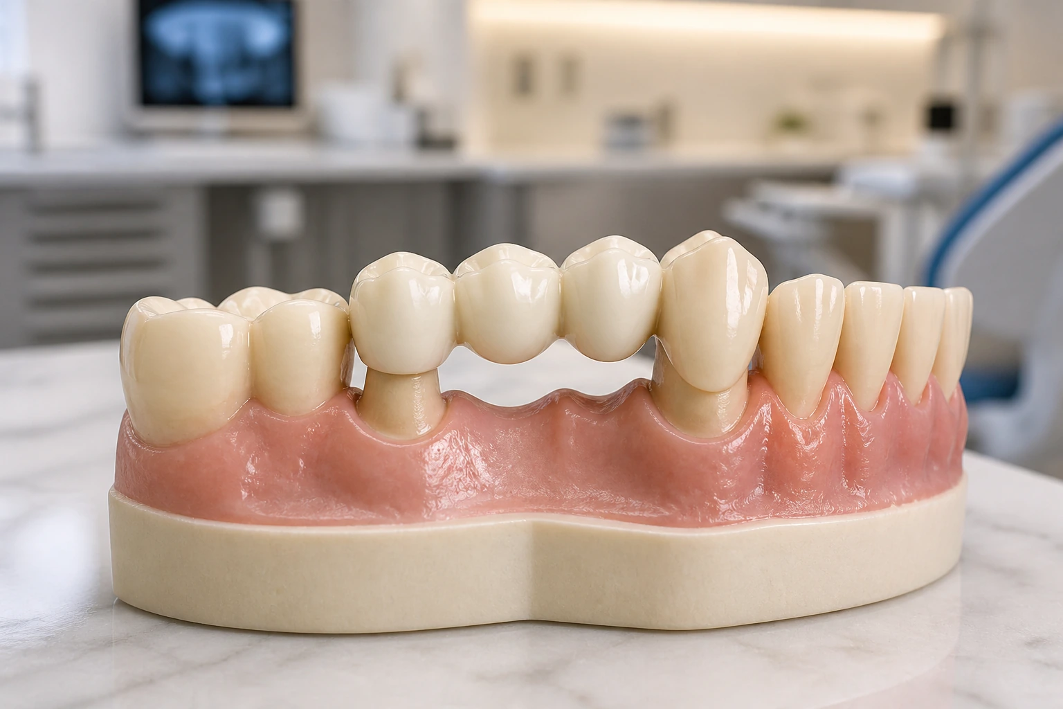 Dental bridge prosthesis model showing tooth replacement