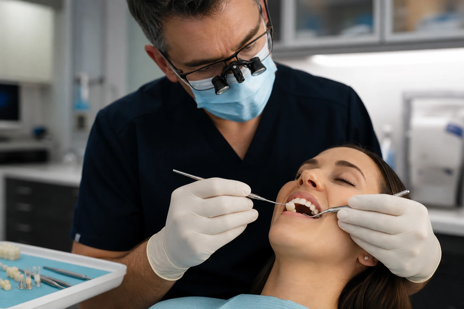 Dentist fitting porcelain dental crown on patient tooth