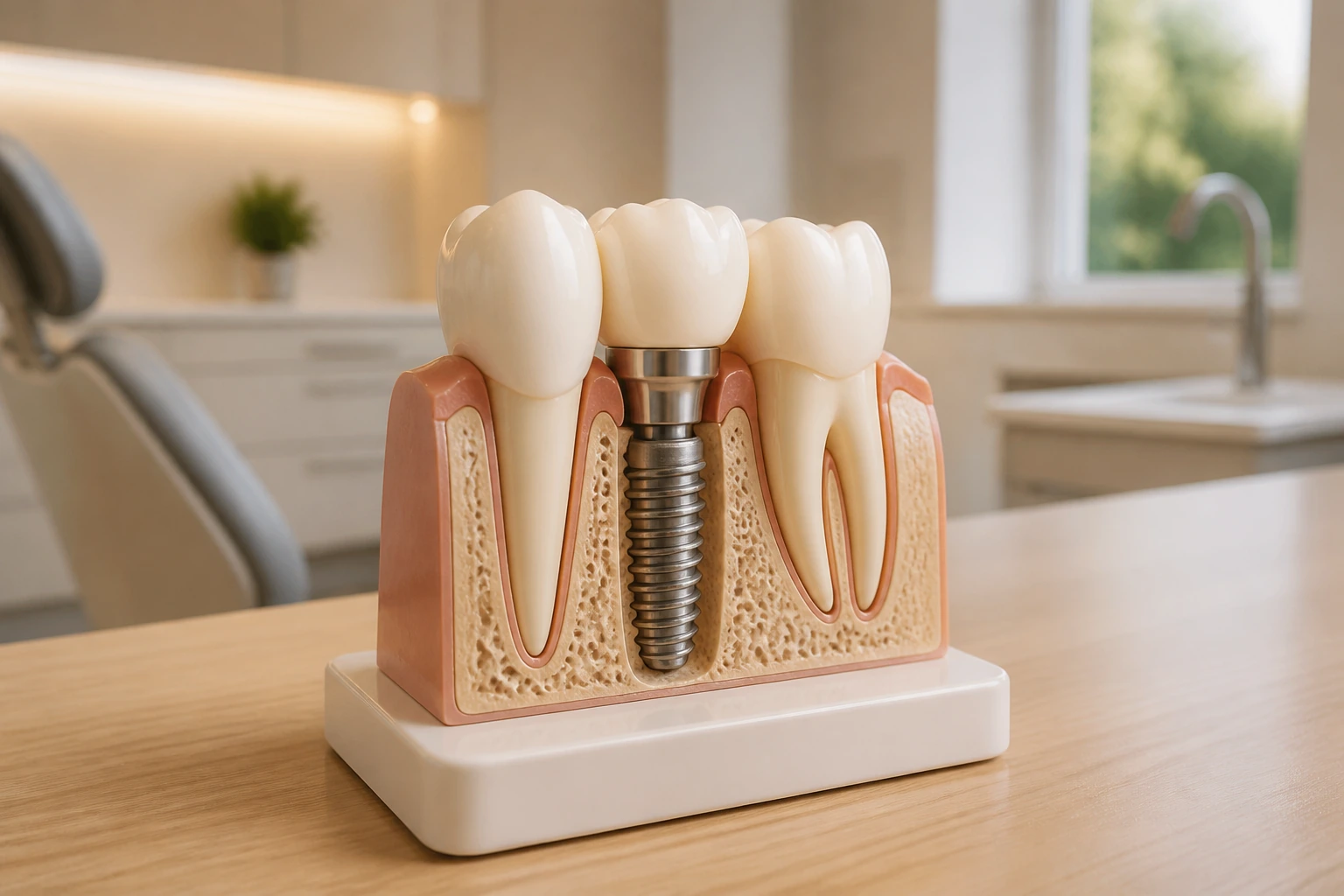 Dental implant model showing titanium post and crown