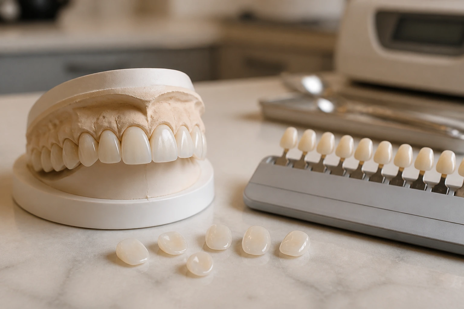 Porcelain dental veneers with shade guide in dental lab