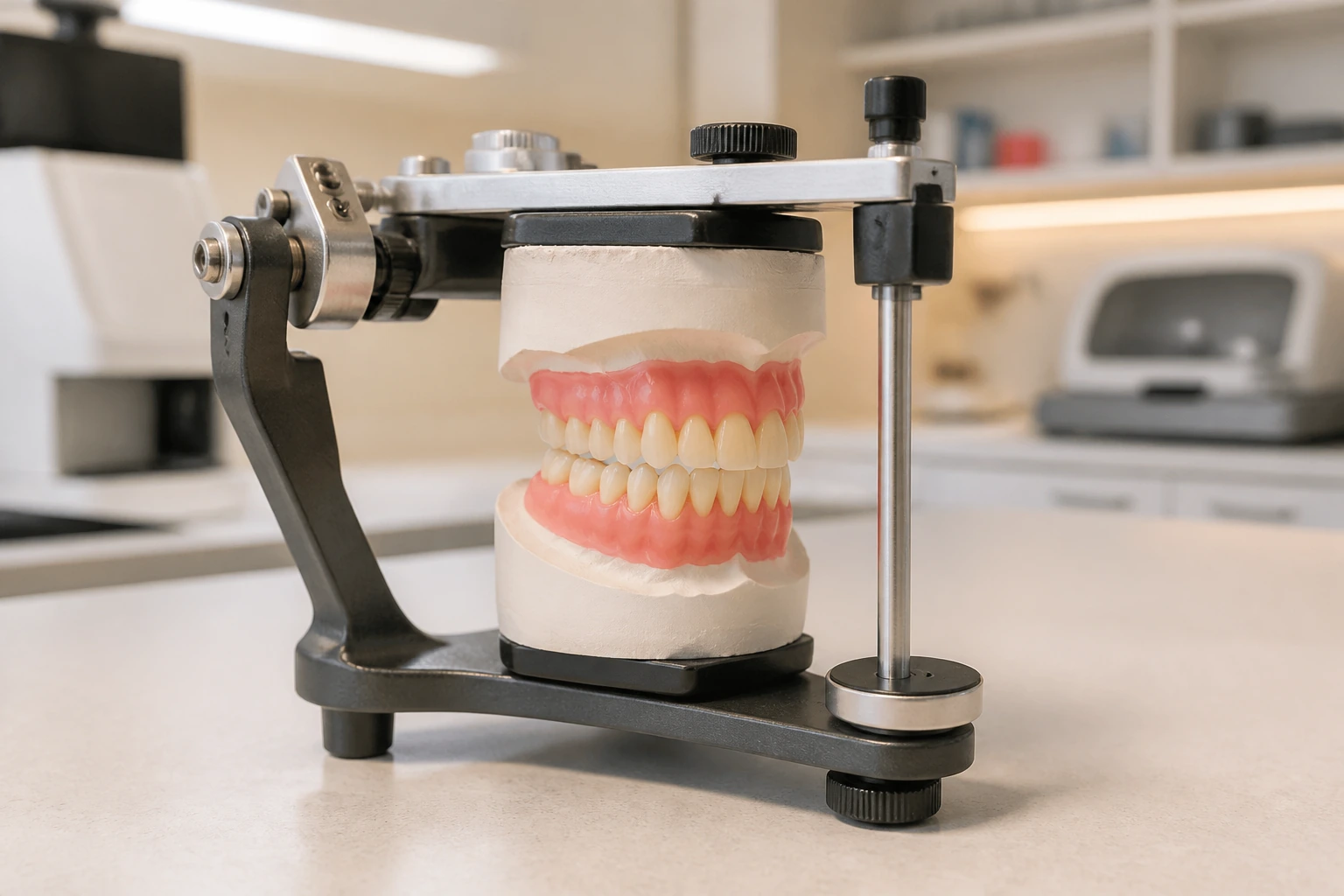 Custom-crafted dentures on dental articulator