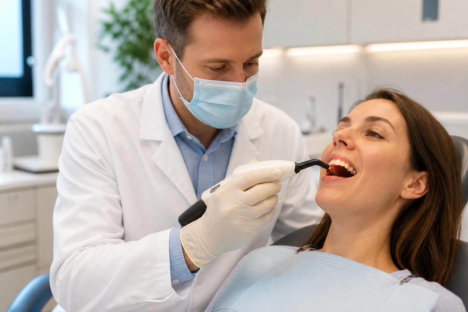 Dentist using DIAGNOdent laser cavity detection