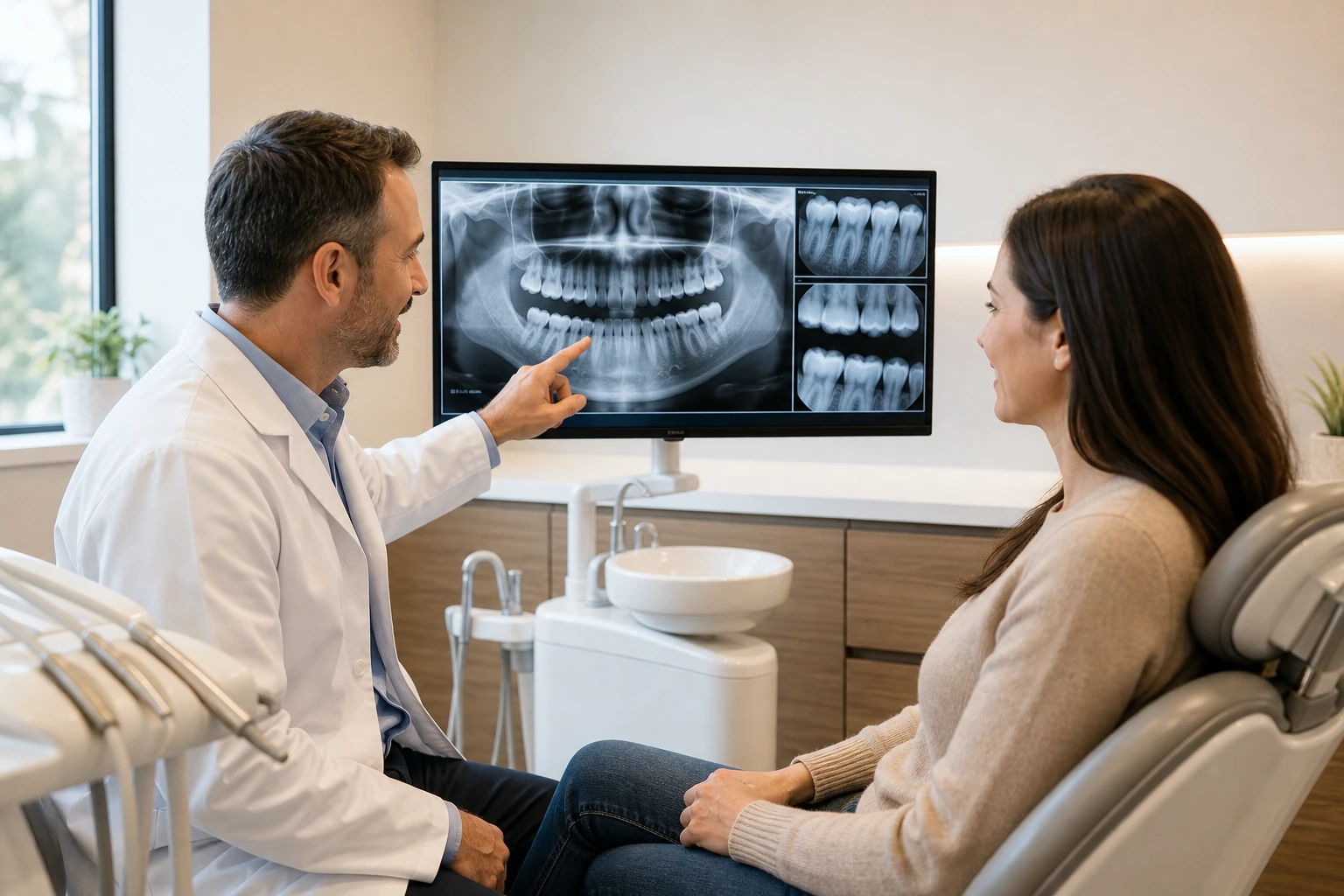 Dentist reviewing digital dental x-rays with patient
