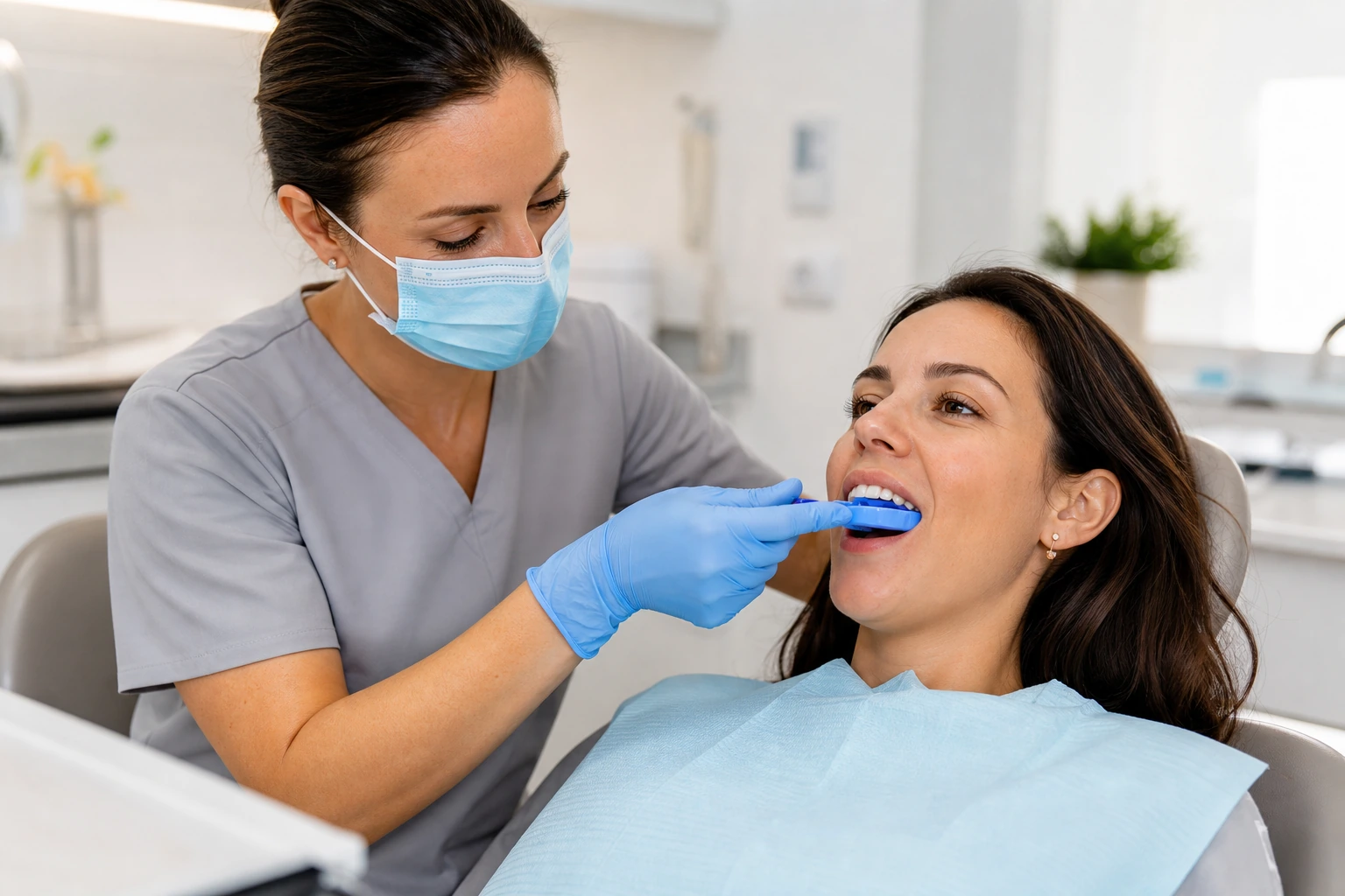 Dental professional applying fluoride treatment