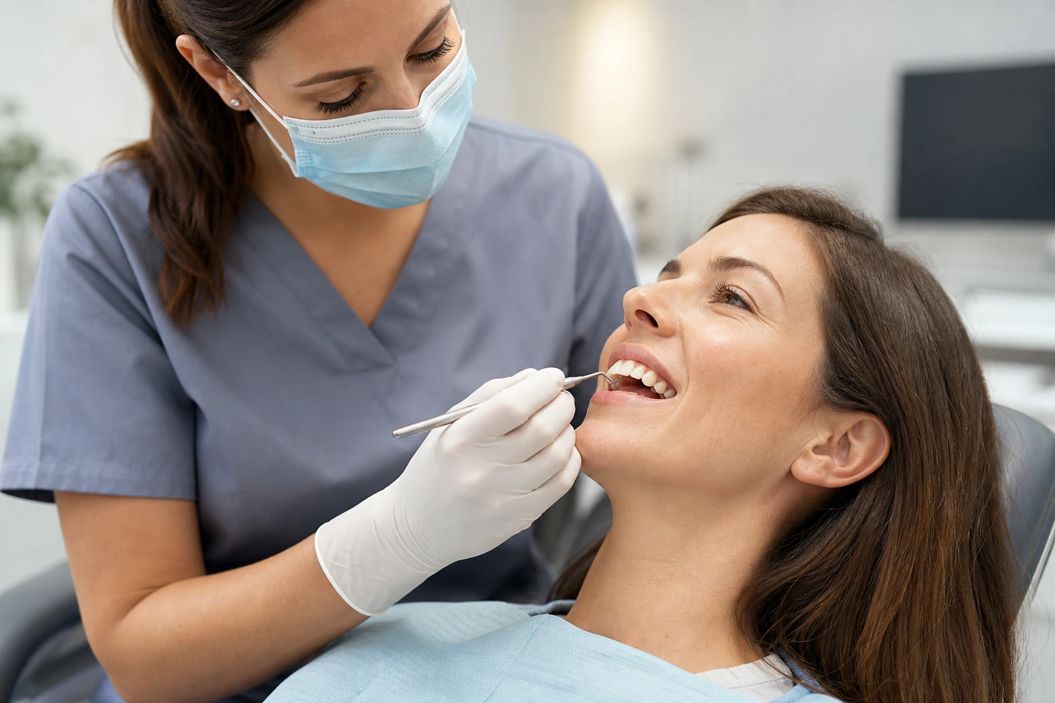 Periodontist examining patient gumline for recession