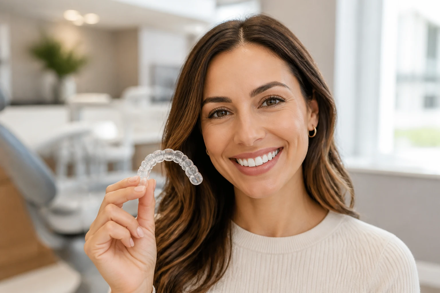 Person holding clear Invisalign aligner with beautiful smile