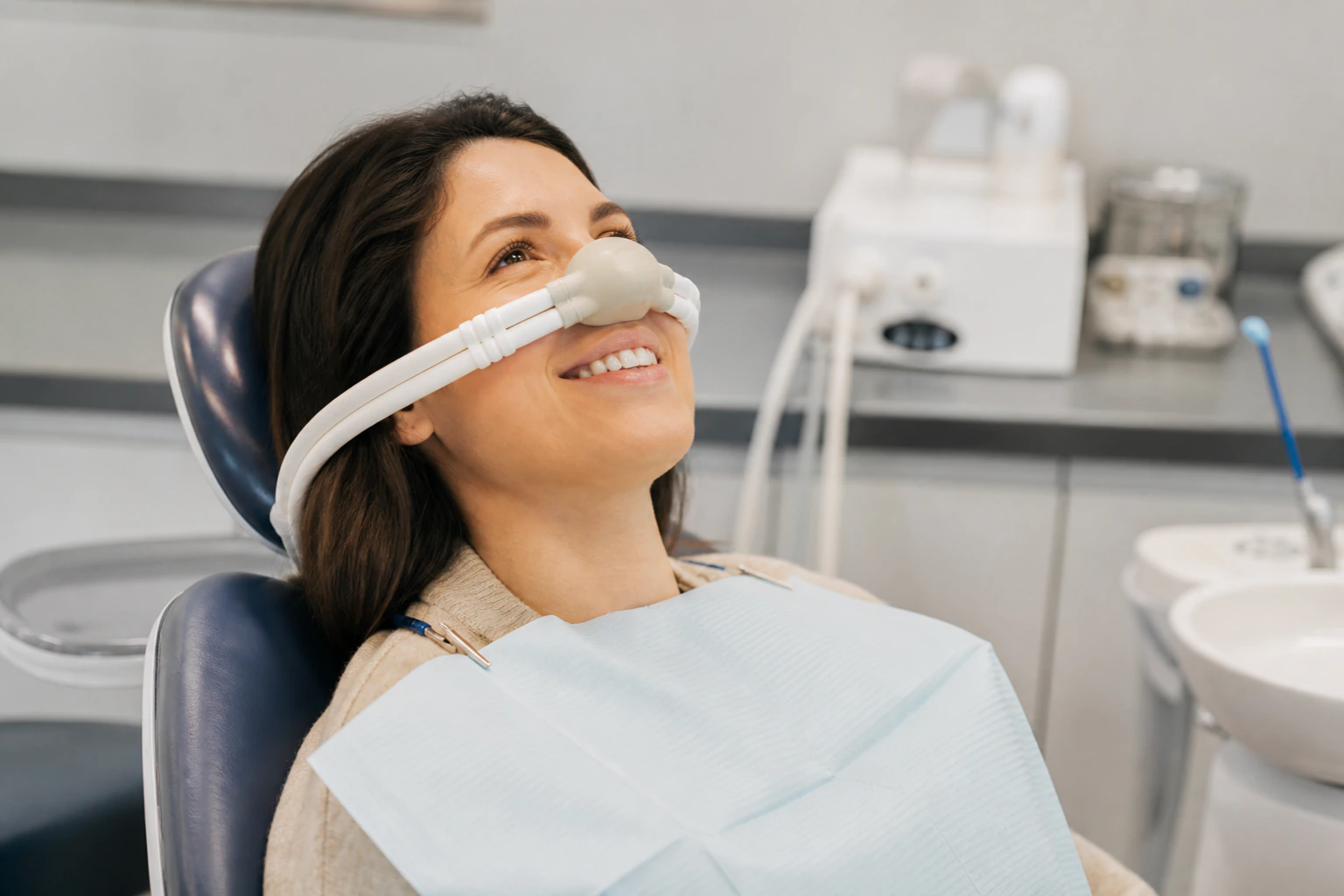 Relaxed patient wearing nitrous oxide nasal mask