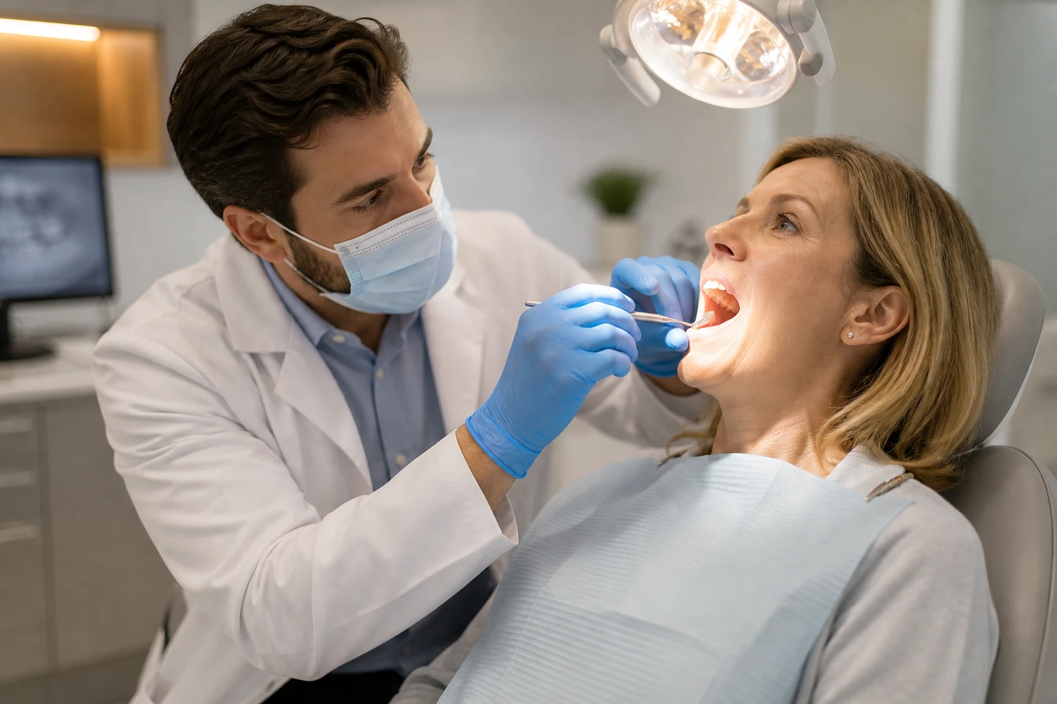 Dentist performing thorough oral cancer screening examination
