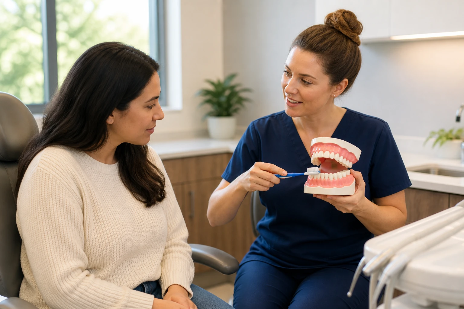 Dental hygienist teaching patient proper brushing technique