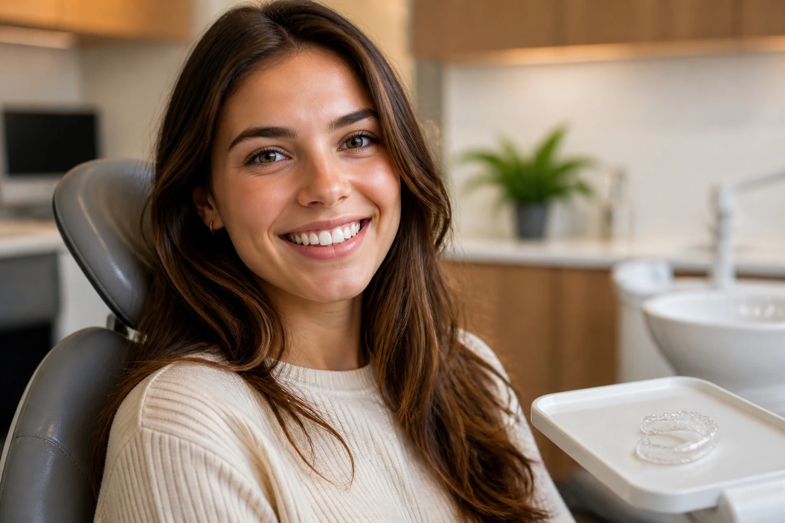 Young adult with straight teeth after orthodontic treatment