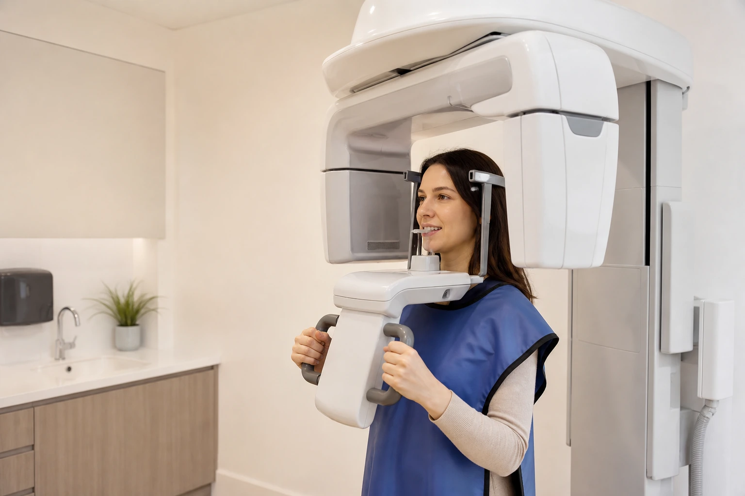 Patient positioned in panoramic dental x-ray machine