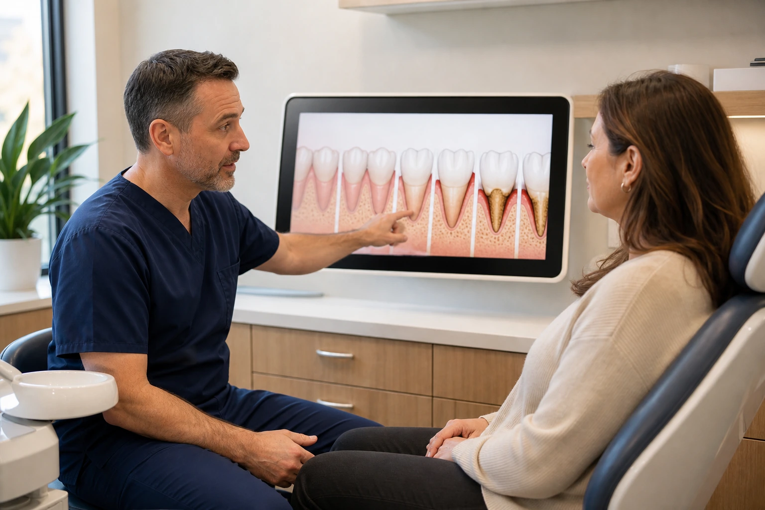 Periodontist consulting with patient about gum health