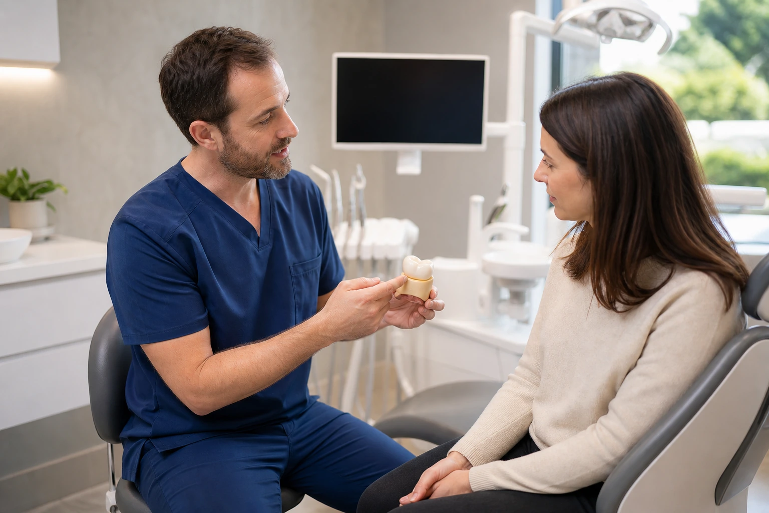 Dentist discussing dental restoration options with patient
