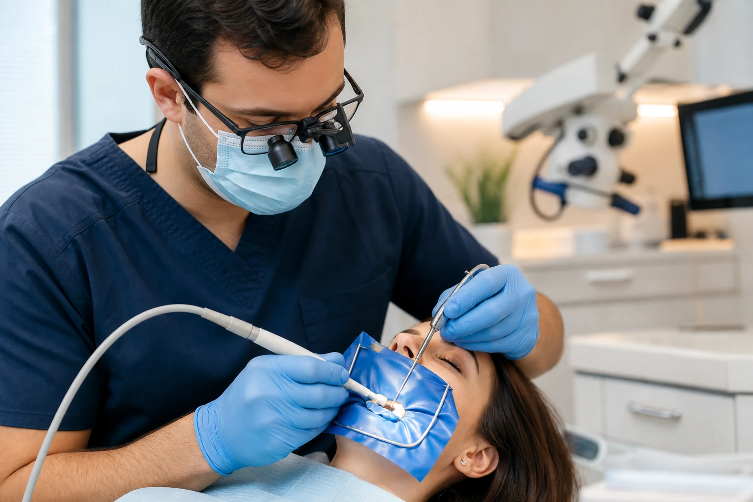 Dentist performing root canal therapy with modern instruments
