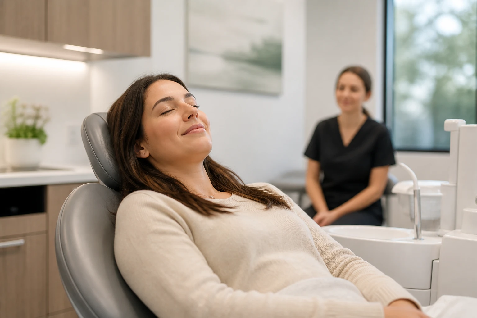 Relaxed patient in comfortable dental chair with sedation