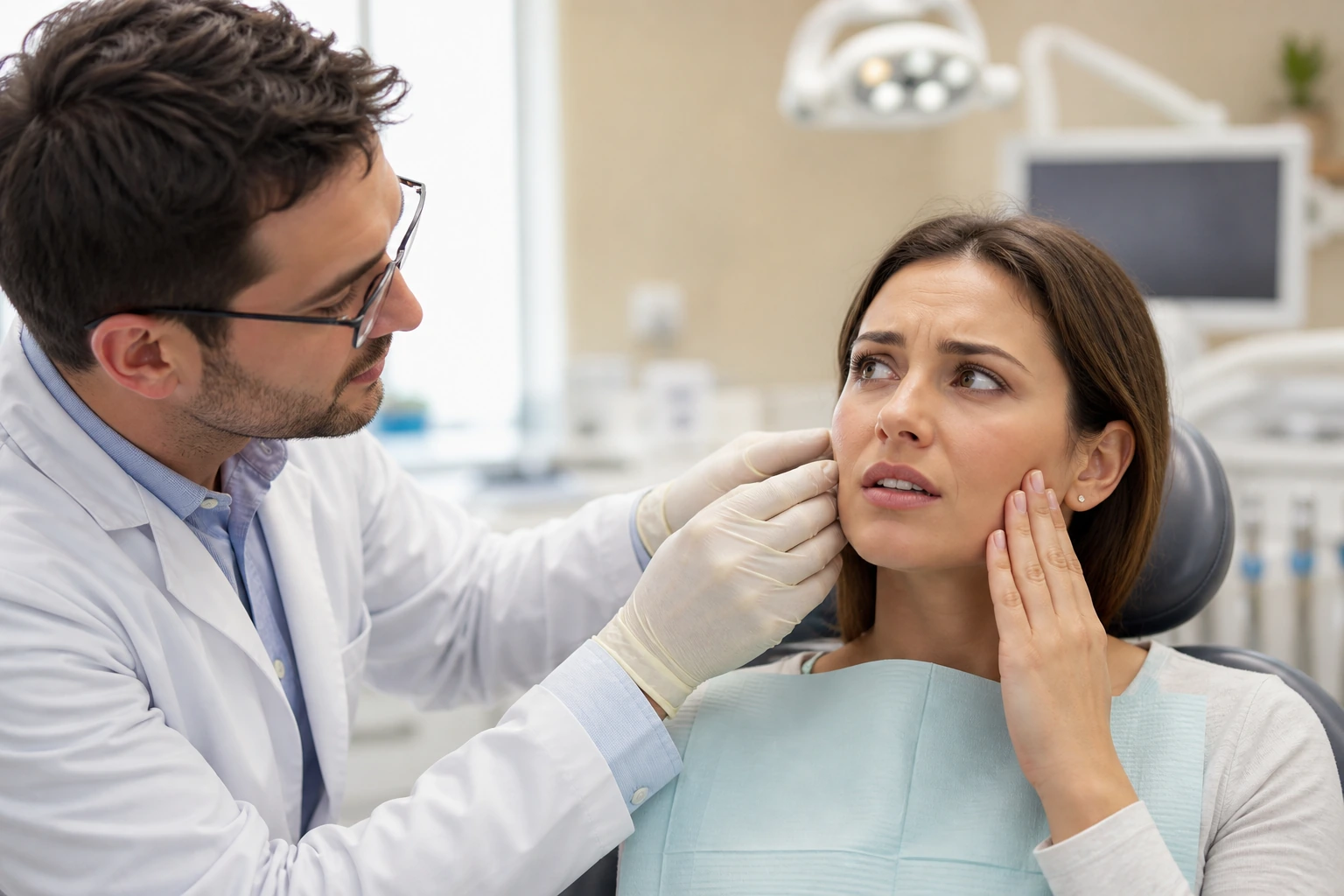 Dentist examining patient jaw joint for TMJ assessment