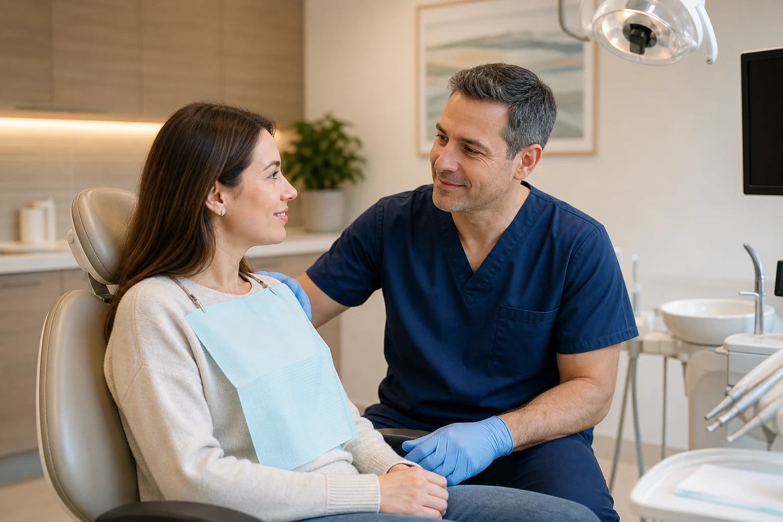 Gentle dentist comforting patient before tooth extraction