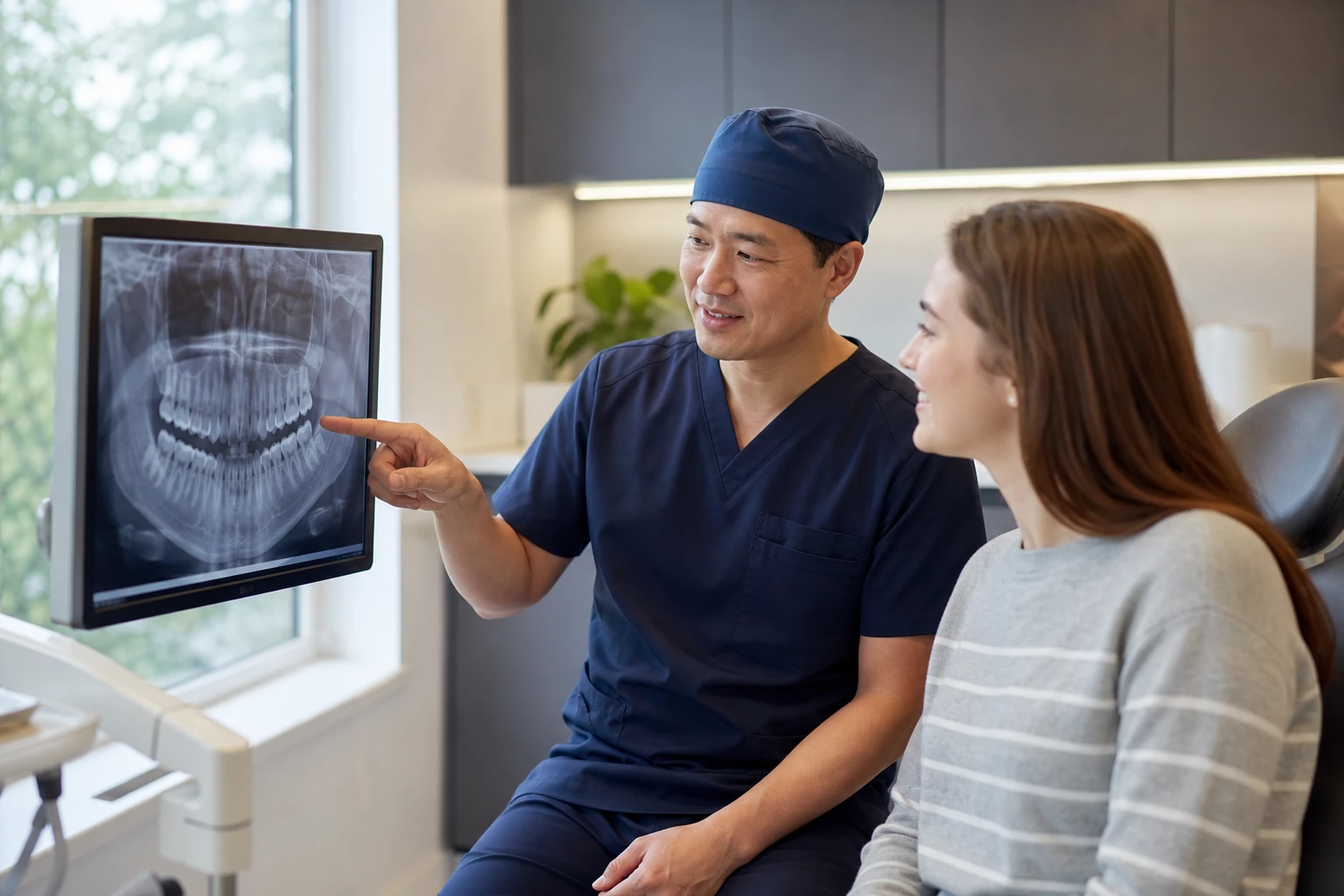 Oral surgeon consulting patient about wisdom teeth removal